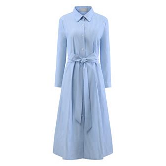 Women's Striped Dress with Belt A-Line Loose Fit Button Down Shirtdress