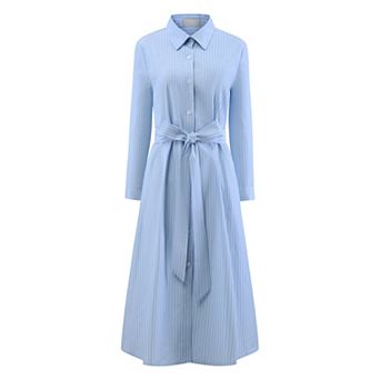 Women's Striped Dress with Belt A-Line Loose Fit Button Down Shirtdress