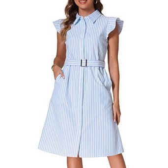 Striped Shirt Dress for Women's Casual V Neck Flutter Sleeve Button Down Dresses with Belt
