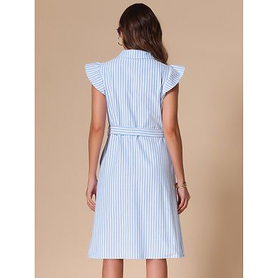 Striped Shirt Dress for Women's Casual V Neck Flutter Sleeve Button Down Dresses with Belt