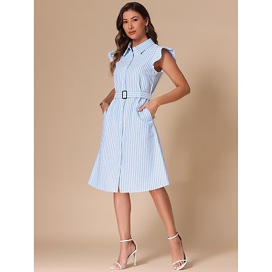 Striped Shirt Dress for Women's Casual V Neck Flutter Sleeve Button Down Dresses with Belt