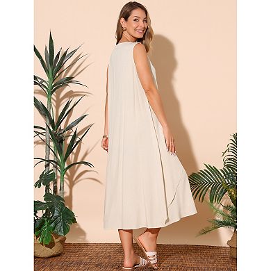 Women's Summer Dresses Sleeveless V Neck Button Decor Flowy Maxi Tank Beach Dress