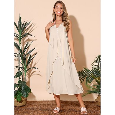 Women's Summer Dresses Sleeveless V Neck Button Decor Flowy Maxi Tank Beach Dress
