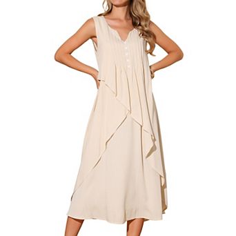 Women's Summer Dresses Sleeveless V Neck Button Decor Flowy Maxi Tank Beach Dress