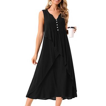 Women's Summer Dresses Sleeveless V Neck Button Decor Flowy Maxi Tank Beach Dress