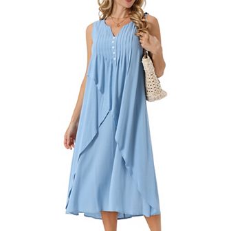 Women's Summer Dresses Sleeveless V Neck Button Decor Flowy Maxi Tank Beach Dress