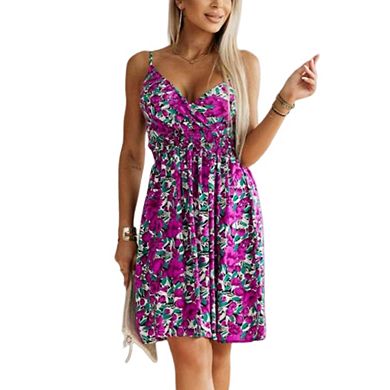 Women's Summer Dresses Spring Floral V Neck Adjustable Spaghetti Beach Flowy Wrap Dress