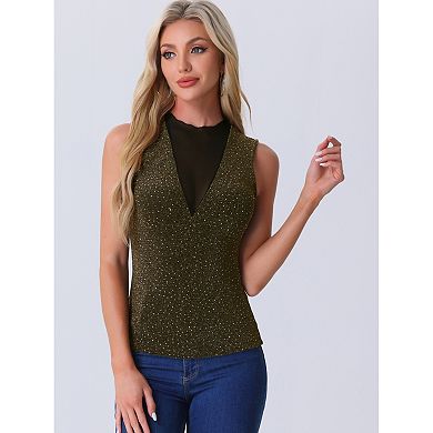 Women's Sleeveless Mesh Tops Glitter Party Club Sparkly Shirt