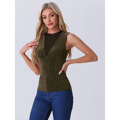 Women's Sleeveless Mesh Tops Glitter Party Club Sparkly Shirt