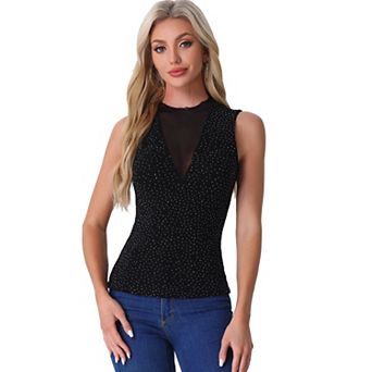 Women's Sleeveless Mesh Tops Glitter Party Club Sparkly Shirt