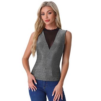 Women's Sleeveless Mesh Tops Glitter Party Club Sparkly Shirt