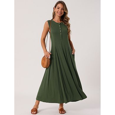 Women's Sleeveless Dresses Button Fit Flare A-Line Flowy Casual Long Dresses Summer Outfits