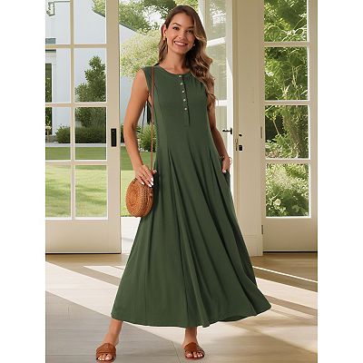 long sleeveless casual dresses Women's Sleeveless Dresses Button Fit Flare A-Line Flowy Casual Long  Dresses Summer Outfits