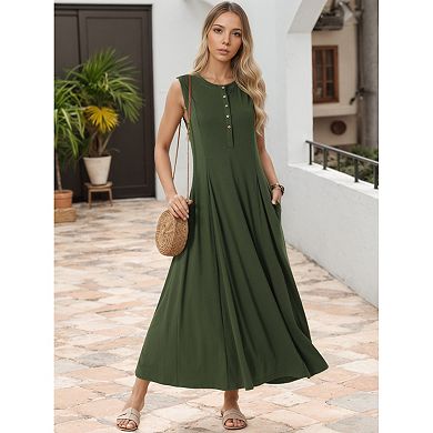 Women's Sleeveless Dresses Button Fit Flare A-Line Flowy Casual Long Dresses Summer Outfits