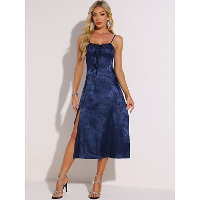 Spaghetti Strap Satin Midi Dress for Women's Summer Square Neck Lace Up Slit Dresses