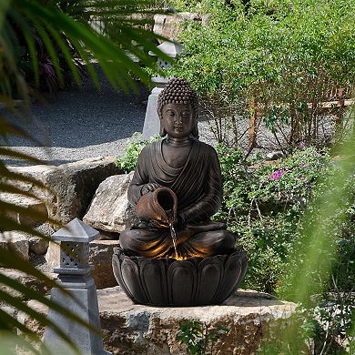 Glitzhome 20.5"H Zen-Style 2-Tiered Buddha Statue Polyresin Outdoor Fountain