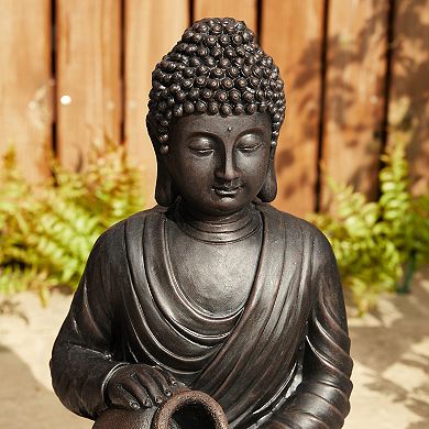Glitzhome 20.5"H Zen-Style 2-Tiered Buddha Statue Polyresin Outdoor Fountain