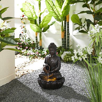 Glitzhome 20.5"H Zen-Style 2-Tiered Buddha Statue Polyresin Outdoor Fountain