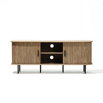 LuxenHome Mid-Century Modern 2-Door 55.1-Inch Wide TV Console with Slatted Slidng Doors