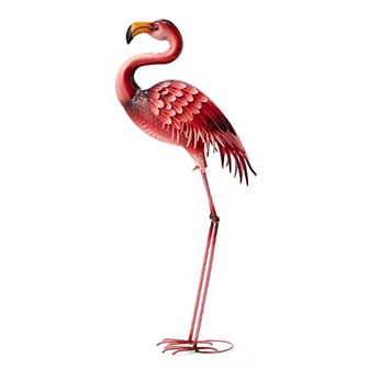 Glitzhome Handcrafted Metal Standing Flamingo Garden Statue with Stakes