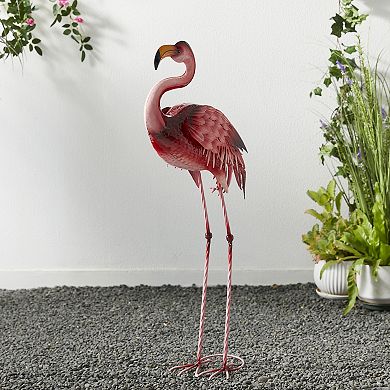 Glitzhome Handcrafted Metal Standing Flamingo Garden Statue with Stakes