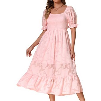 Women's Short Puffy Sleeve Smocked Floral Textured Square Neck Flowy Tiered Midi Dresses