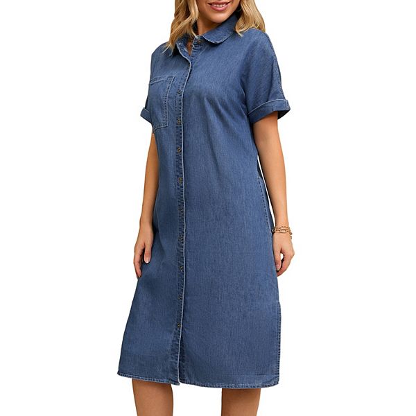 kohl's denim dress Women's Midi Denim Dress Summer Short Sleeve Button Down Casual Loose Long  Tunic Jean Shirt Dress