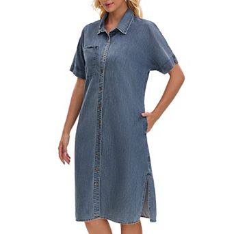 Women's Midi Denim Dress Summer Short Sleeve Button Down Casual Loose Long Tunic Jean Shirt Dress