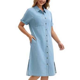 Women's Midi Denim Dress Summer Short Sleeve Button Down Casual Loose Long Tunic Jean Shirt Dress