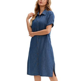 Women's Midi Denim Dress Summer Short Sleeve Button Down Casual Loose Long Tunic Jean Shirt Dress