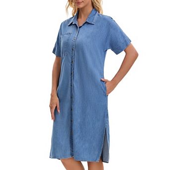 Women's Midi Denim Dress Summer Short Sleeve Button Down Casual Loose Long Tunic Jean Shirt Dress