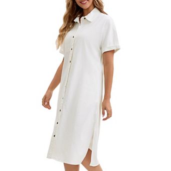 Women's Midi Denim Dress Summer Short Sleeve Button Down Casual Loose Long Tunic Jean Shirt Dress