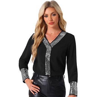 Sequin Blouse for Women's V Neck Long Sleeve Casual Lightweight Blouse Shirts