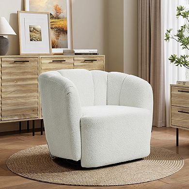 LuxenHome Modern Upholstered Ivory Boucle Swivel Barrel Accent Chair