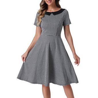 Houndstooth Vintage Dress for Women's Boat Neck Short Sleeve Elegant A-Line Dresses