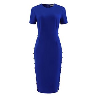 Women's Elegant Pencil Dress Short Sleeve Button Decor Wear to Work Sheath Dresses