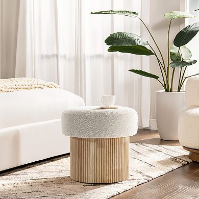 LuxenHome Modern Upholstered Ivory Footstool with Storage and Wood Fluted Base