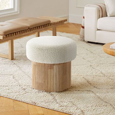 LuxenHome Modern Upholstered Ivory Footstool with Storage and Wood Fluted Base