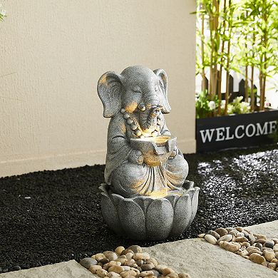 Glitzhome 2-Tiered Zen-Style Concrete Elephant Polyresin Outdoor Fountain