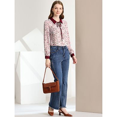 Floral Tops for Women's Contrast Tie Neck Long Sleeve Sheer Top
