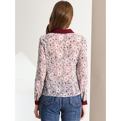 Floral Tops for Women's Contrast Tie Neck Long Sleeve Sheer Top