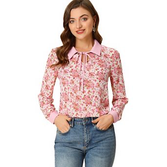 Floral Tops for Women's Contrast Tie Neck Long Sleeve Sheer Top