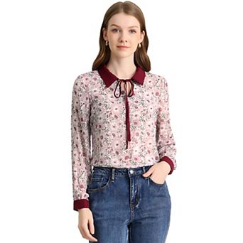 Floral Tops for Women's Contrast Tie Neck Long Sleeve Sheer Top