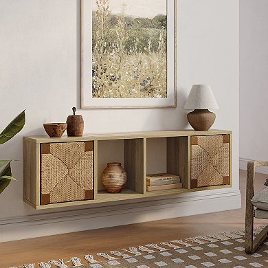 LuxenHome Mid-Century Modern Rope 47.2" Floating Wall Mount 2 Door Cabinet