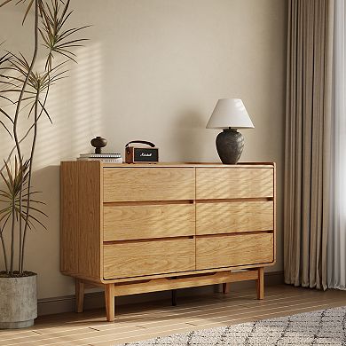 LuxenHome Oak Finish Manufactured Wood 47.2-Inch Wide 6-Drawer Horizontal Dresser