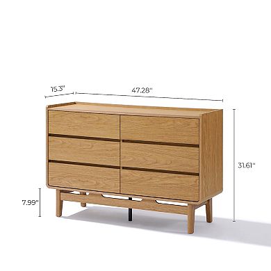 LuxenHome Oak Finish Manufactured Wood 47.2-Inch Wide 6-Drawer Horizontal Dresser