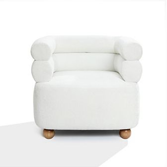 LuxenHome Modern Upholstered Ivory Barrel Accent Chair with Wood Ball Legs