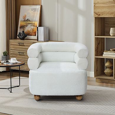 LuxenHome Modern Upholstered Ivory Barrel Accent Chair with Wood Ball Legs