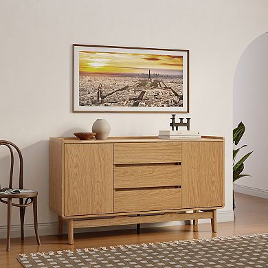 LuxenHome Oak Finish Manufactured Wood 55-Inch Wide Sideboard Cabinet with 3-Drawers