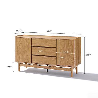 LuxenHome Oak Finish Manufactured Wood 55-Inch Wide Sideboard Cabinet with 3-Drawers